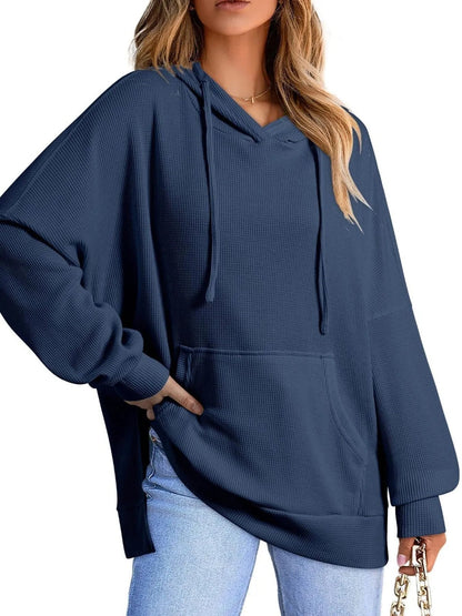 Slit Drawstring Waffle Knit Hoodie - Casual Fit Clothes