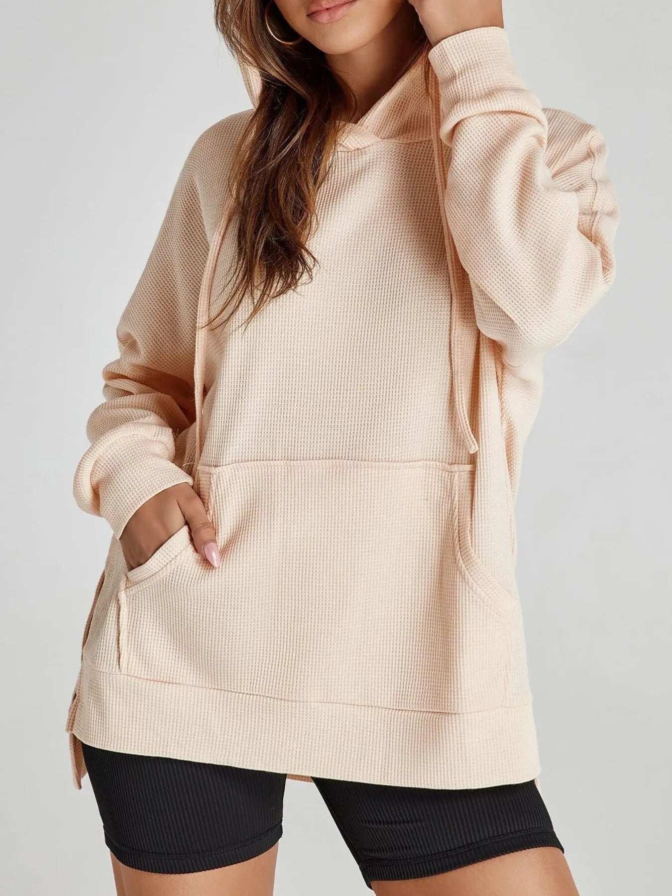 Slit Drawstring Waffle Knit Hoodie - Casual Fit Clothes