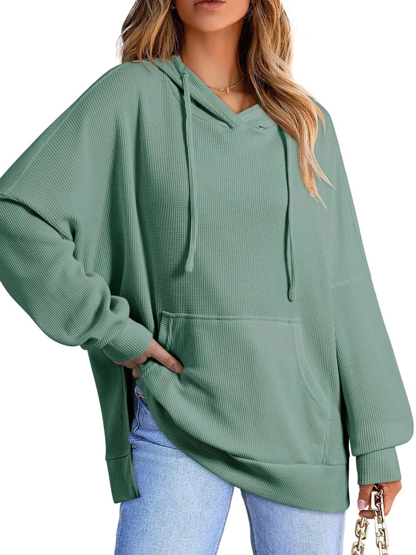 Slit Drawstring Waffle Knit Hoodie - Casual Fit Clothes