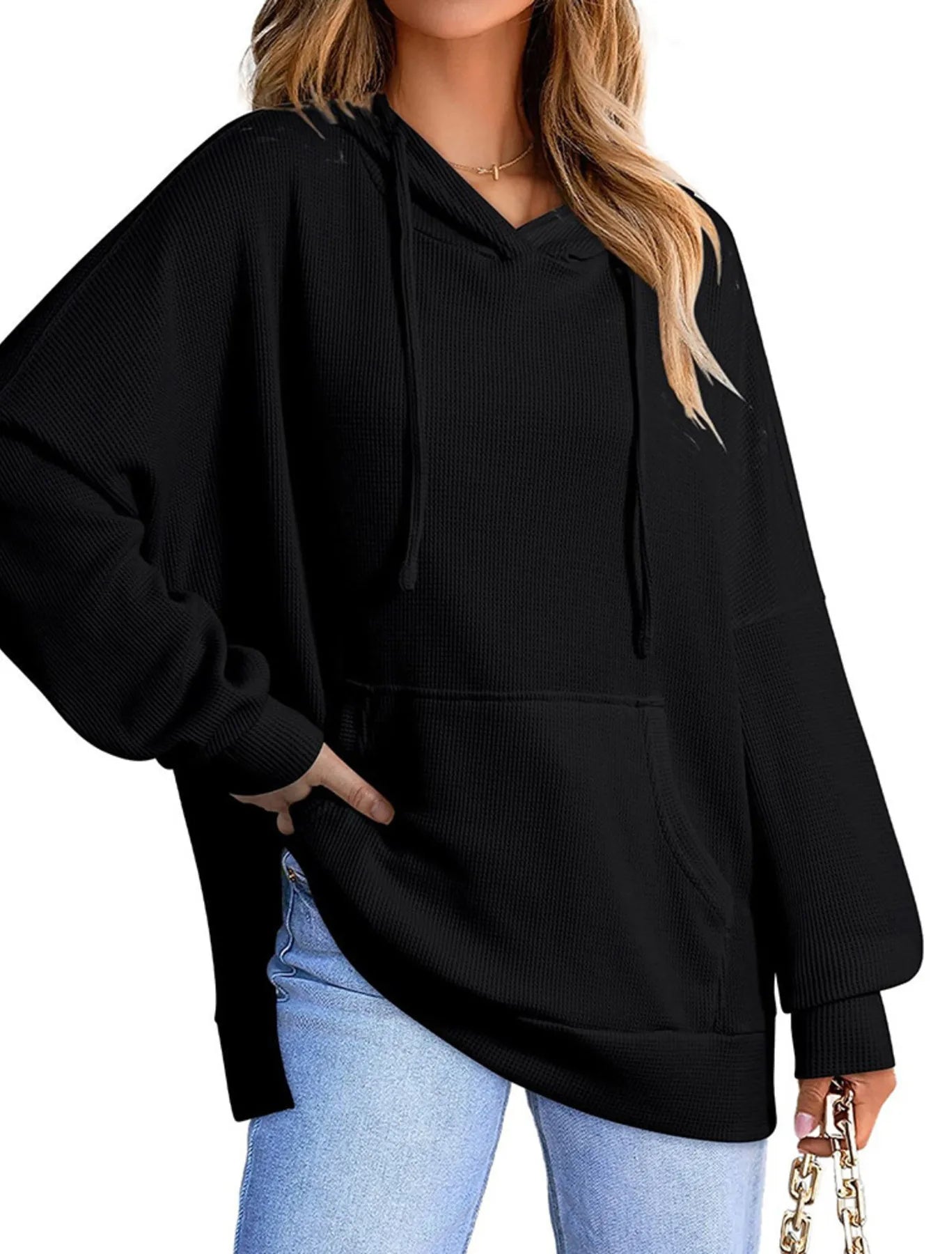 Slit Drawstring Waffle Knit Hoodie - Casual Fit Clothes