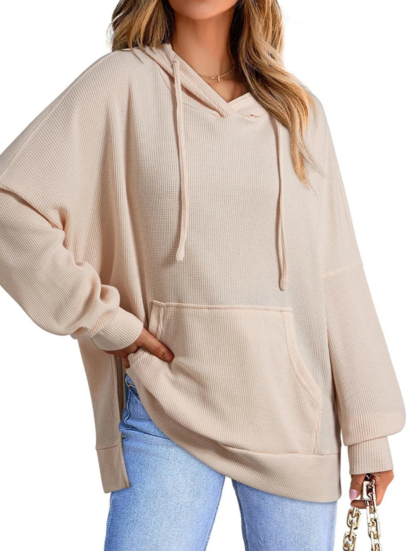Slit Drawstring Waffle Knit Hoodie - Casual Fit Clothes