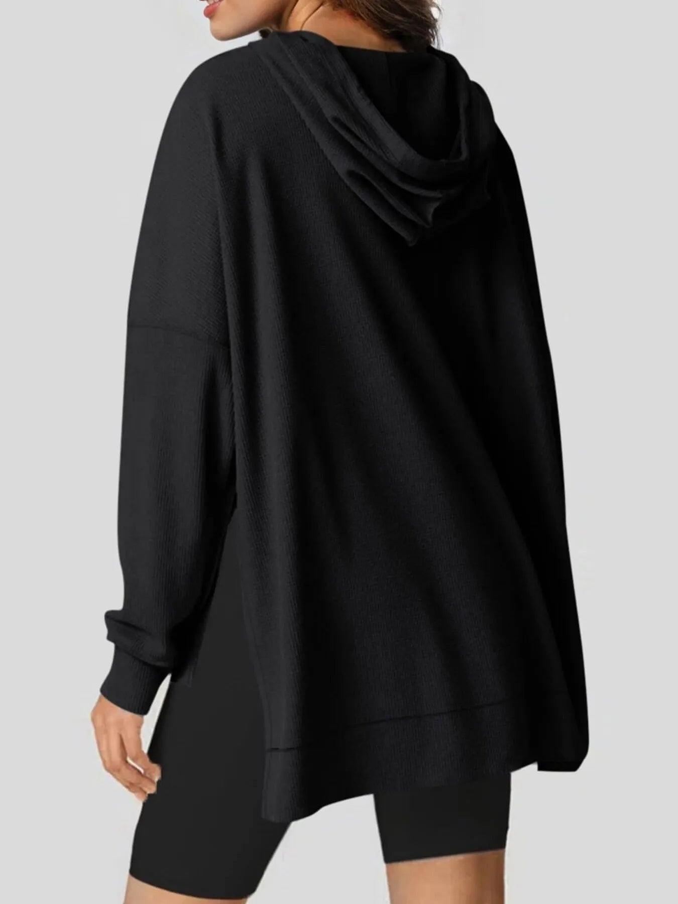 Slit Drawstring Waffle Knit Hoodie - Casual Fit Clothes