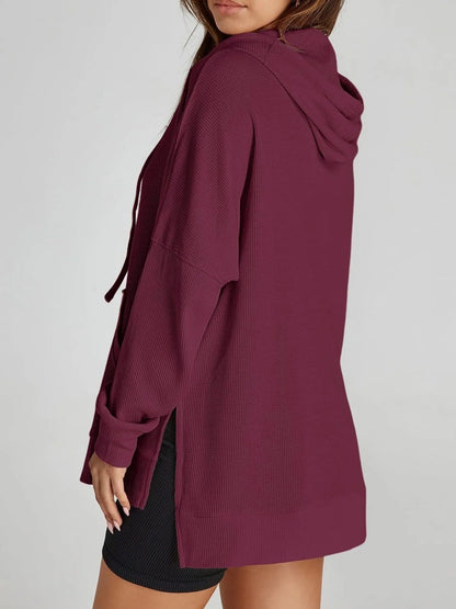 Slit Drawstring Waffle Knit Hoodie - Casual Fit Clothes