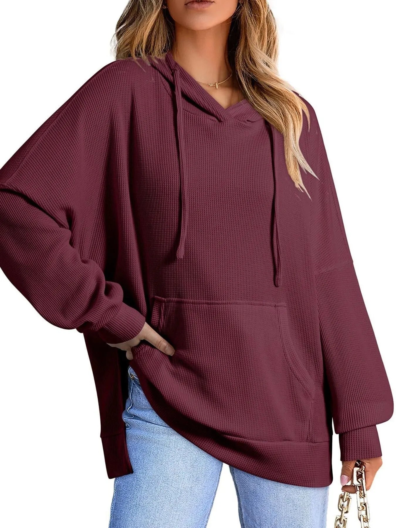 Slit Drawstring Waffle Knit Hoodie - Casual Fit Clothes