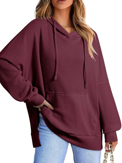 Slit Drawstring Waffle Knit Hoodie - Casual Fit Clothes