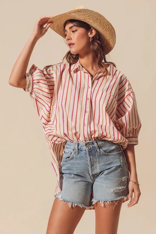 SO ME Multicolored Stripe Button Down Shirt - Casual Fit Clothes