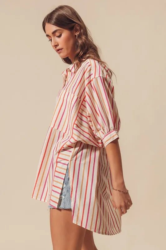 SO ME Multicolored Stripe Button Down Shirt - Casual Fit Clothes