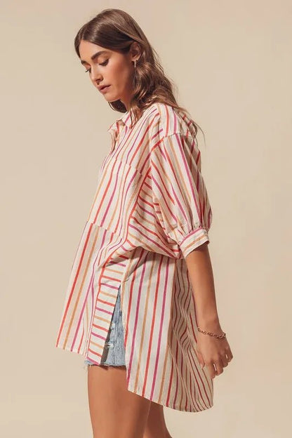 SO ME Multicolored Stripe Button Down Shirt - Casual Fit Clothes