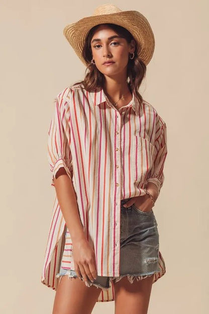 SO ME Multicolored Stripe Button Down Shirt - Casual Fit Clothes
