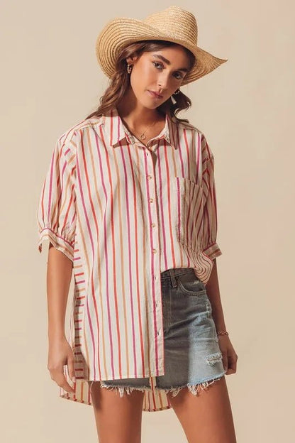 SO ME Multicolored Stripe Button Down Shirt - Casual Fit Clothes