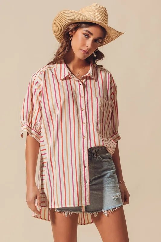 SO ME Multicolored Stripe Button Down Shirt - Casual Fit Clothes