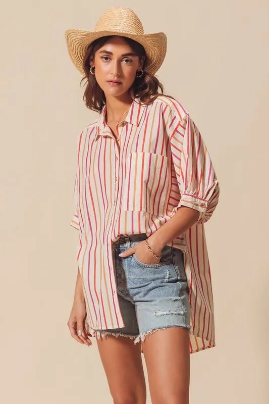 SO ME Multicolored Stripe Button Down Shirt - Casual Fit Clothes