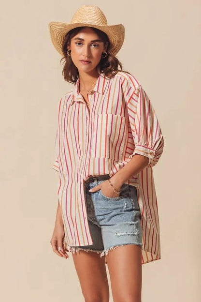 SO ME Multicolored Stripe Button Down Shirt - Casual Fit Clothes