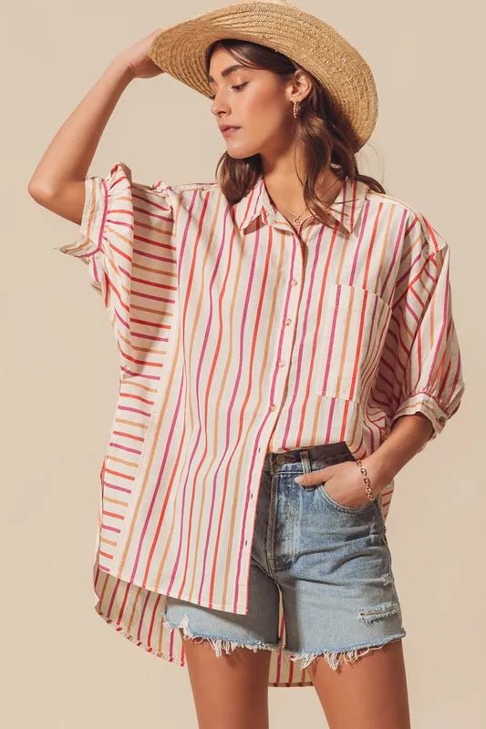 SO ME Multicolored Stripe Button Down Shirt - Casual Fit Clothes