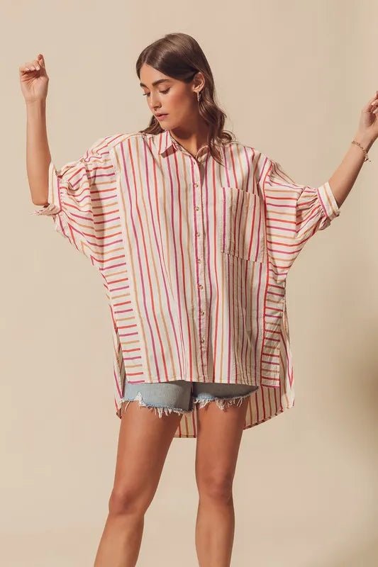 SO ME Multicolored Stripe Button Down Shirt - Casual Fit Clothes