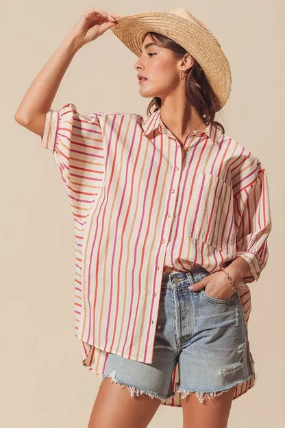 SO ME Multicolored Stripe Button Down Shirt - Casual Fit Clothes