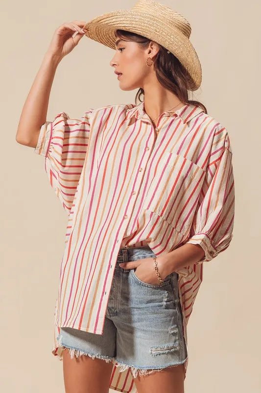 SO ME Multicolored Stripe Button Down Shirt - Casual Fit Clothes