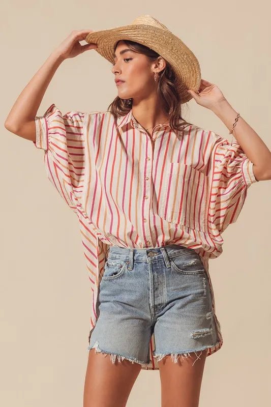 SO ME Multicolored Stripe Button Down Shirt - Casual Fit Clothes