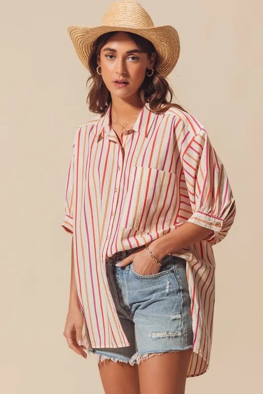 SO ME Multicolored Stripe Button Down Shirt - Casual Fit Clothes
