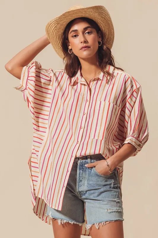 SO ME Multicolored Stripe Button Down Shirt - Casual Fit Clothes