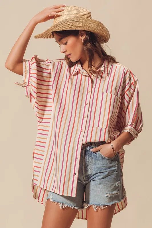 SO ME Multicolored Stripe Button Down Shirt - Casual Fit Clothes