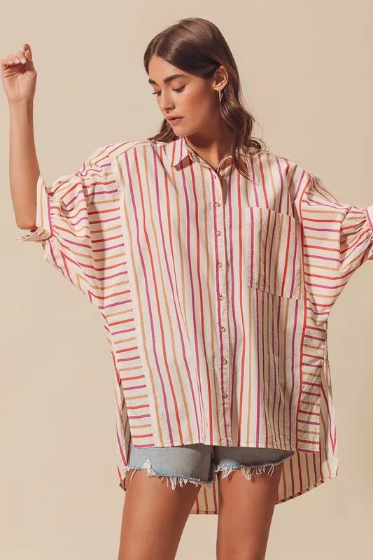 SO ME Multicolored Stripe Button Down Shirt - Casual Fit Clothes
