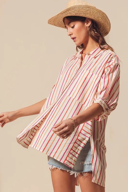 SO ME Multicolored Stripe Button Down Shirt - Casual Fit Clothes