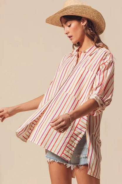 SO ME Multicolored Stripe Button Down Shirt - Casual Fit Clothes