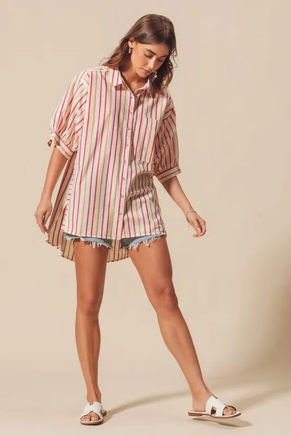 SO ME Multicolored Stripe Button Down Shirt - Casual Fit Clothes