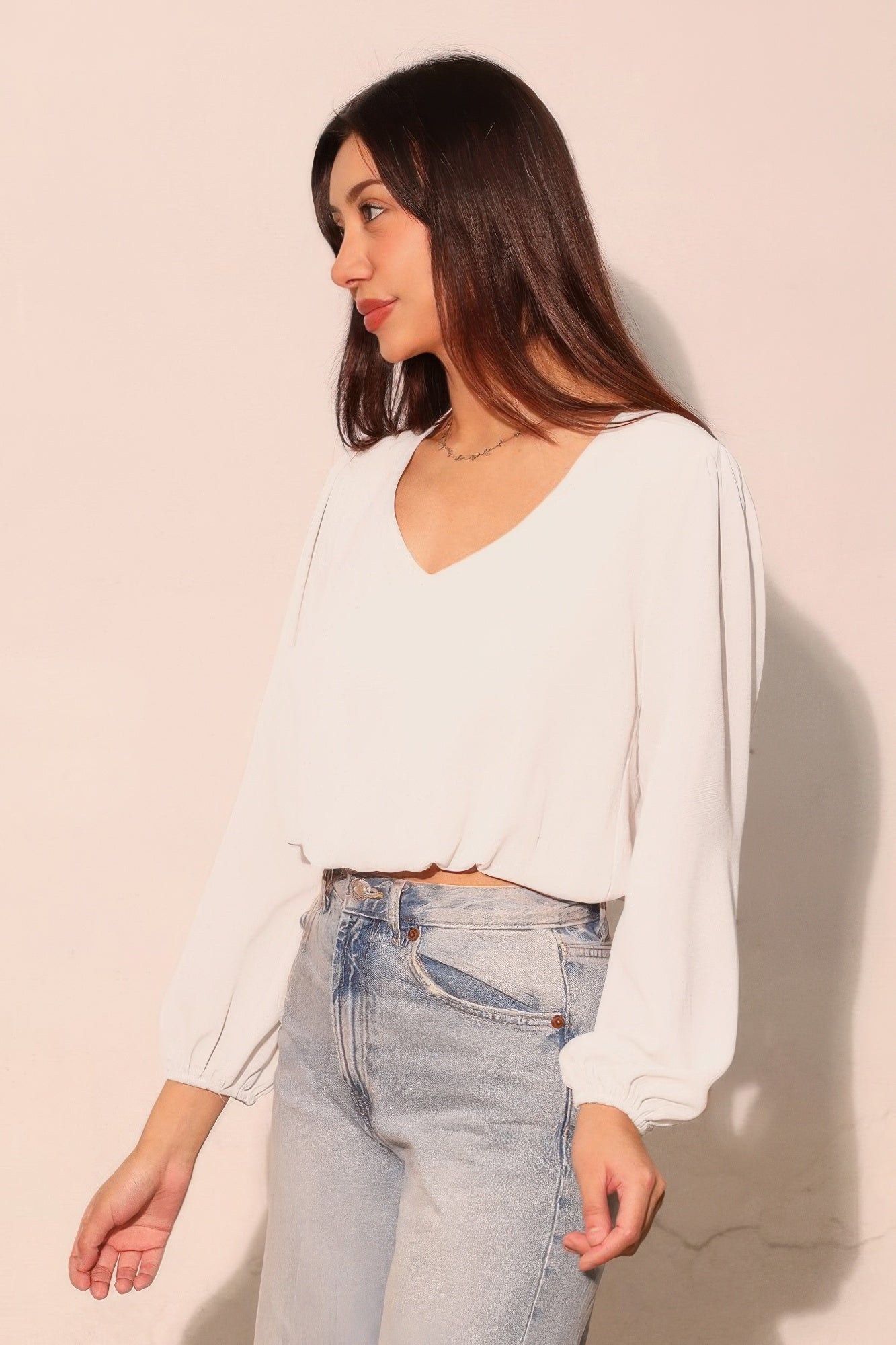 Textured Solid Long Sleeve Crop Top - Casual Fit Clothes