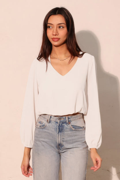 Textured Solid Long Sleeve Crop Top - Casual Fit Clothes