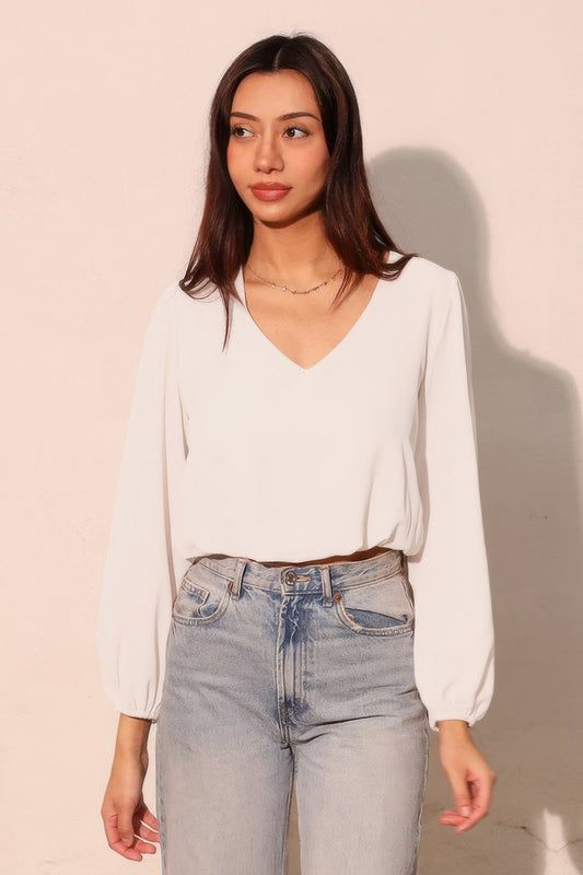 Textured Solid Long Sleeve Crop Top - Casual Fit Clothes