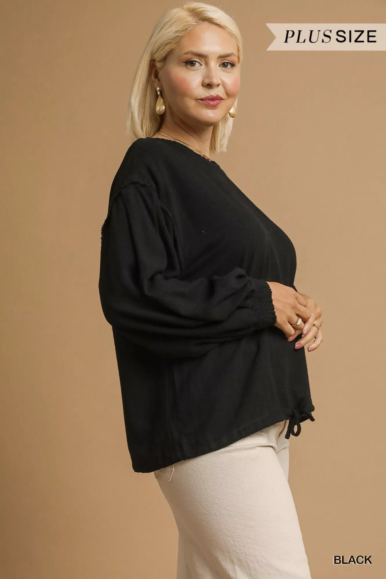 Umgee Full Size Linen Long Sleeve Top with Drawstring Plus Size - Casual Fit Clothes