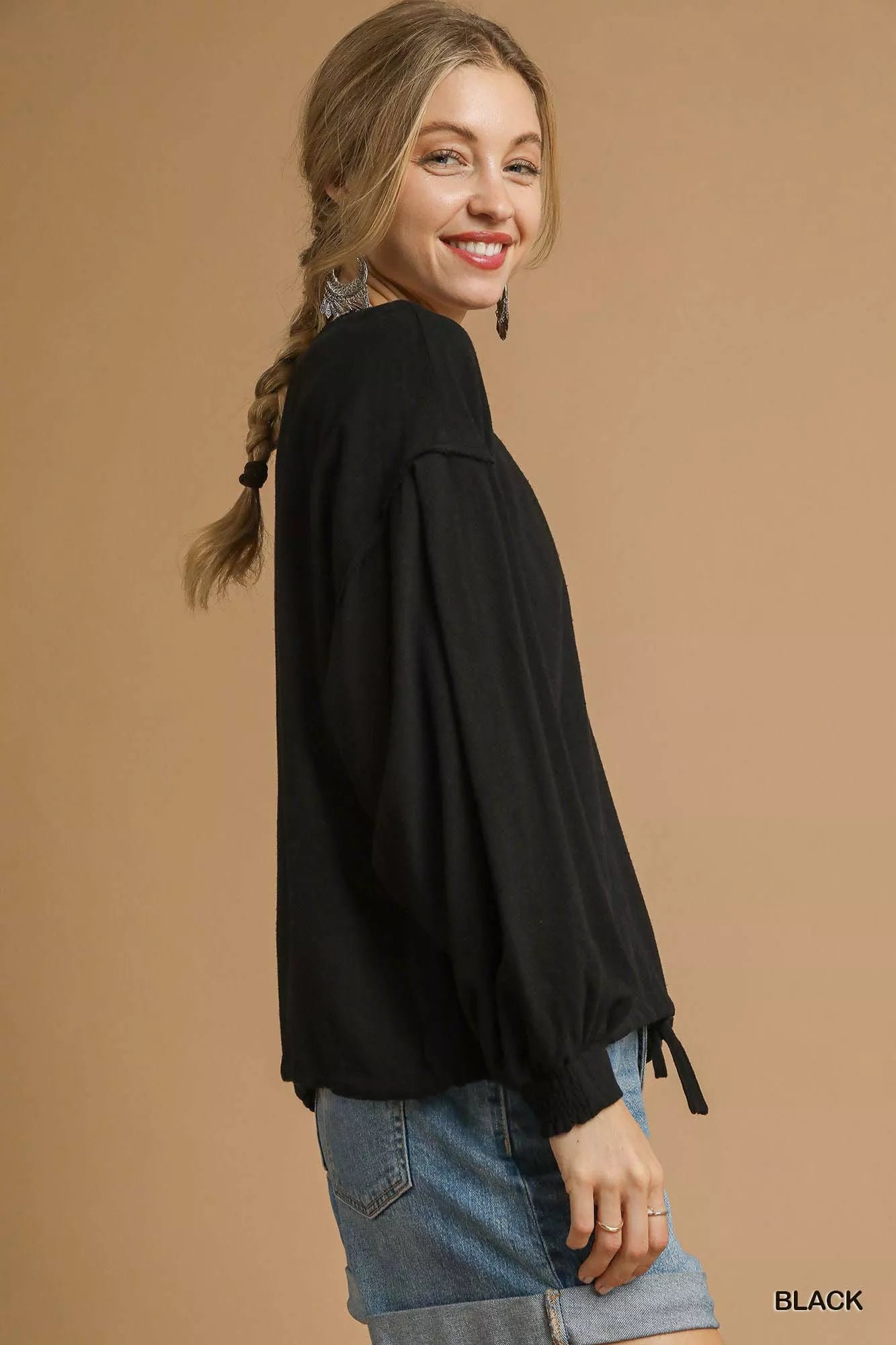Umgee Full Size Linen Long Sleeve Top with Drawstring Plus Size - Casual Fit Clothes