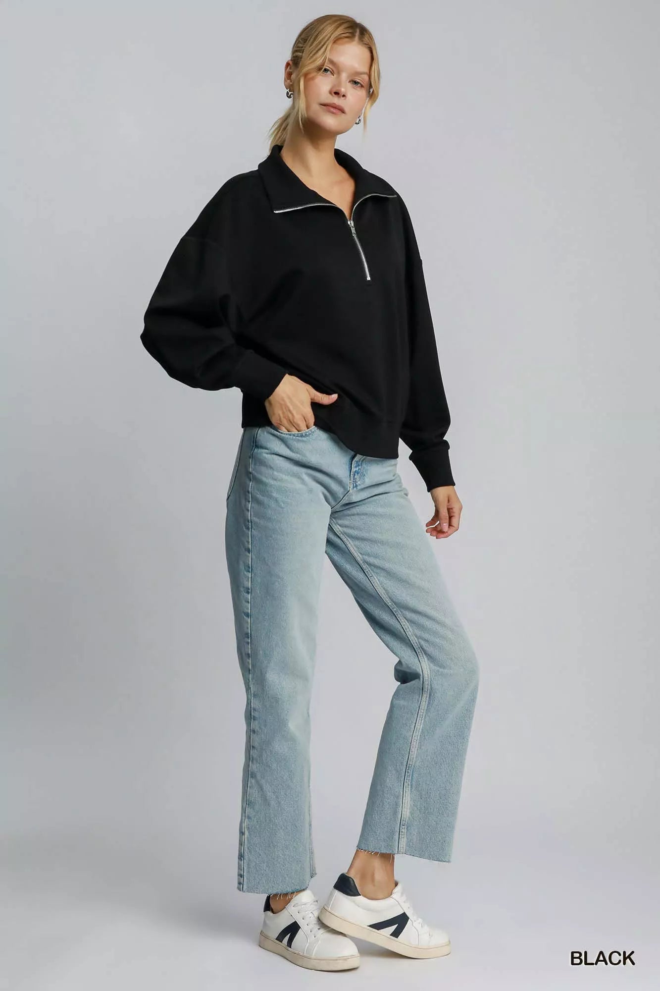 Umgee Half Zip Drop Shoulder Sweatshirt - Casual Fit Clothes