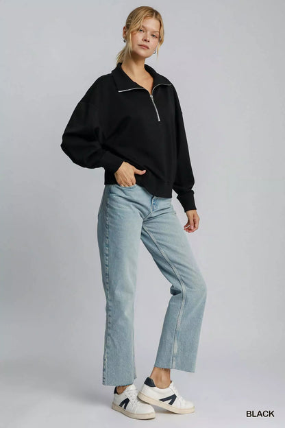 Umgee Half Zip Drop Shoulder Sweatshirt - Casual Fit Clothes