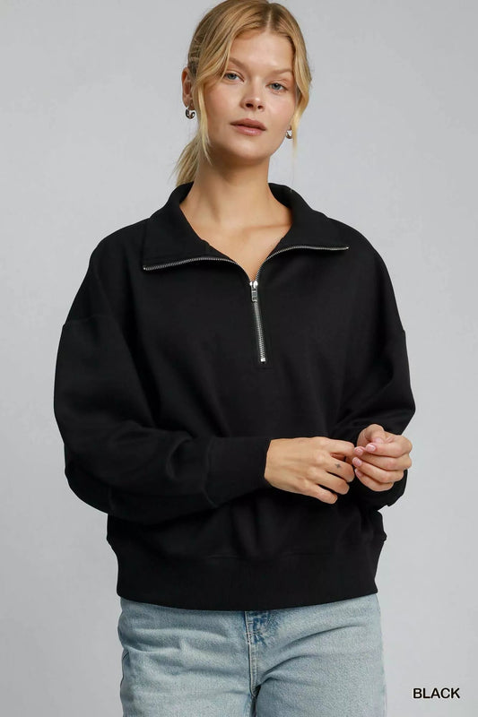 Umgee Half Zip Drop Shoulder Sweatshirt - Casual Fit Clothes