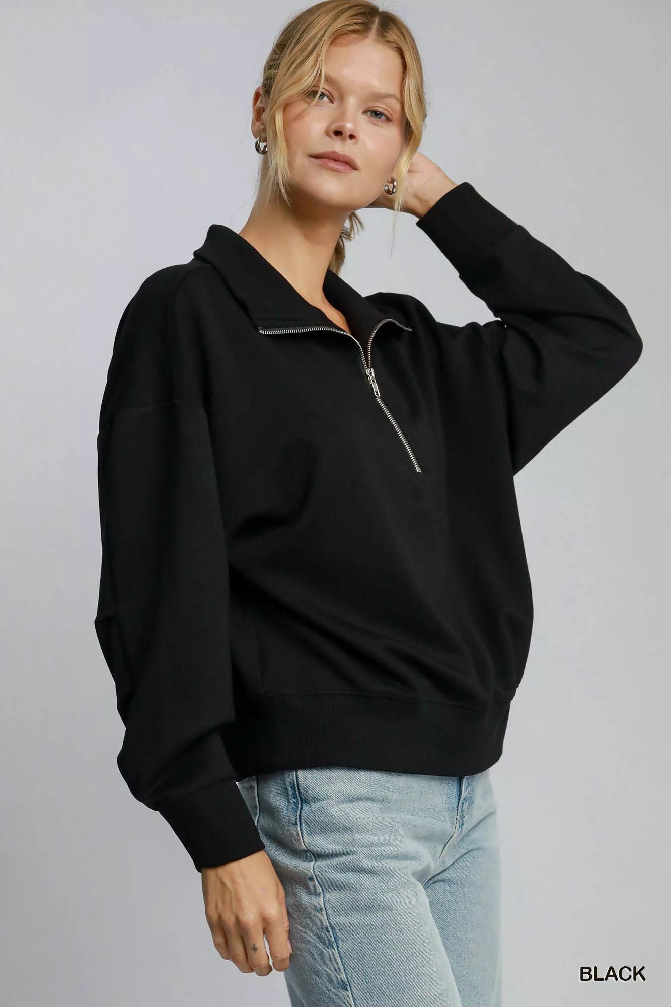 Umgee Half Zip Drop Shoulder Sweatshirt - Casual Fit Clothes
