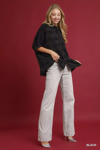 Umgee Jacquard Heart Collared Shirt - Casual Fit Clothes