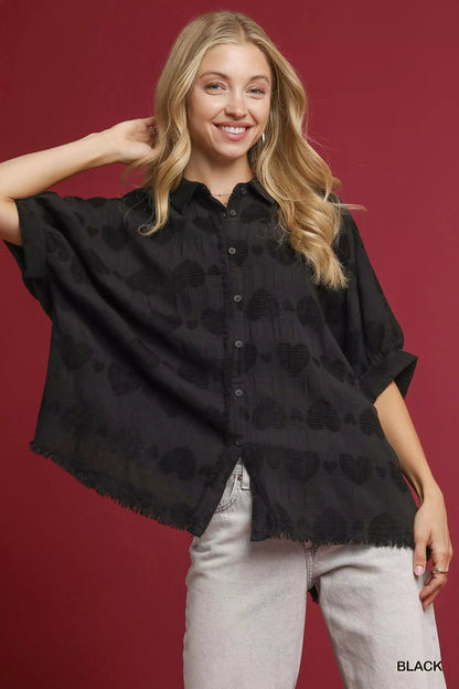 Umgee Jacquard Heart Collared Shirt - Casual Fit Clothes