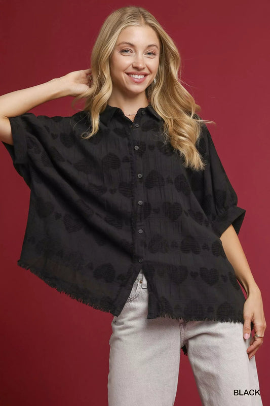 Umgee Jacquard Heart Collared Shirt - Casual Fit Clothes