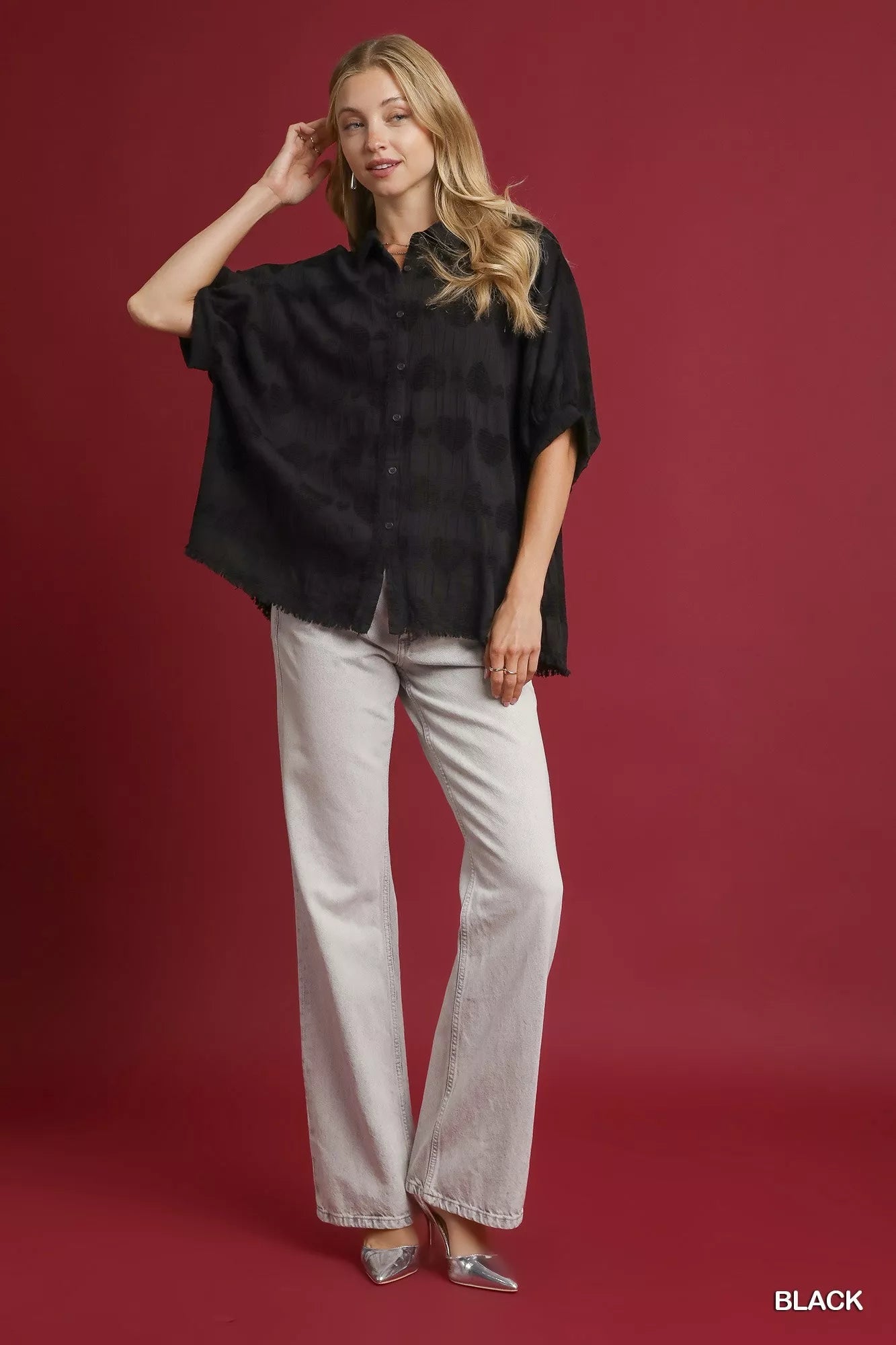 Umgee Jacquard Heart Collared Shirt - Casual Fit Clothes