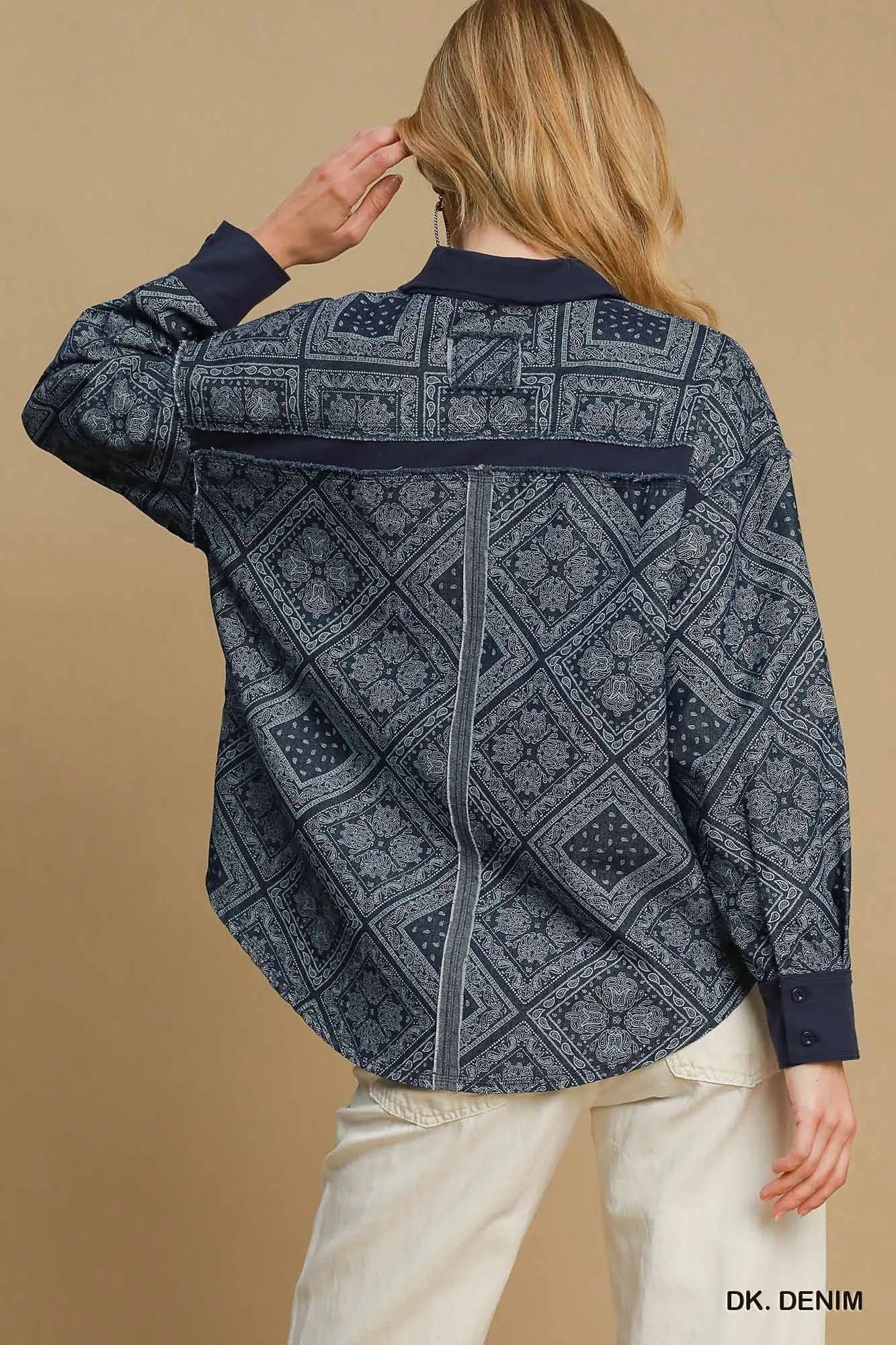 Umgee Paisley Print Denim Shirt Jacket - Casual Fit Clothes