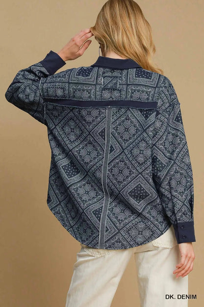 Umgee Paisley Print Denim Shirt Jacket - Casual Fit Clothes