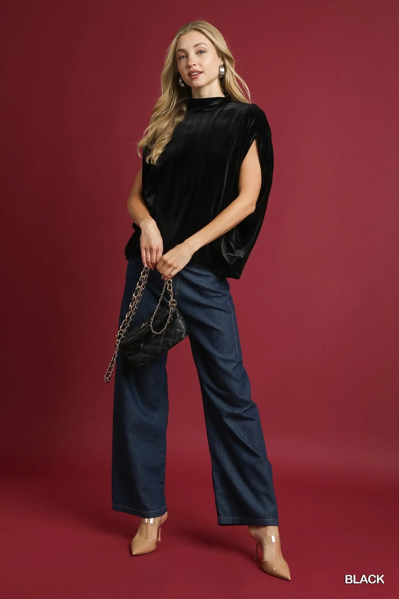 Umgee Velvet Mock Neck Sleeveless Blouse - Casual Fit Clothes