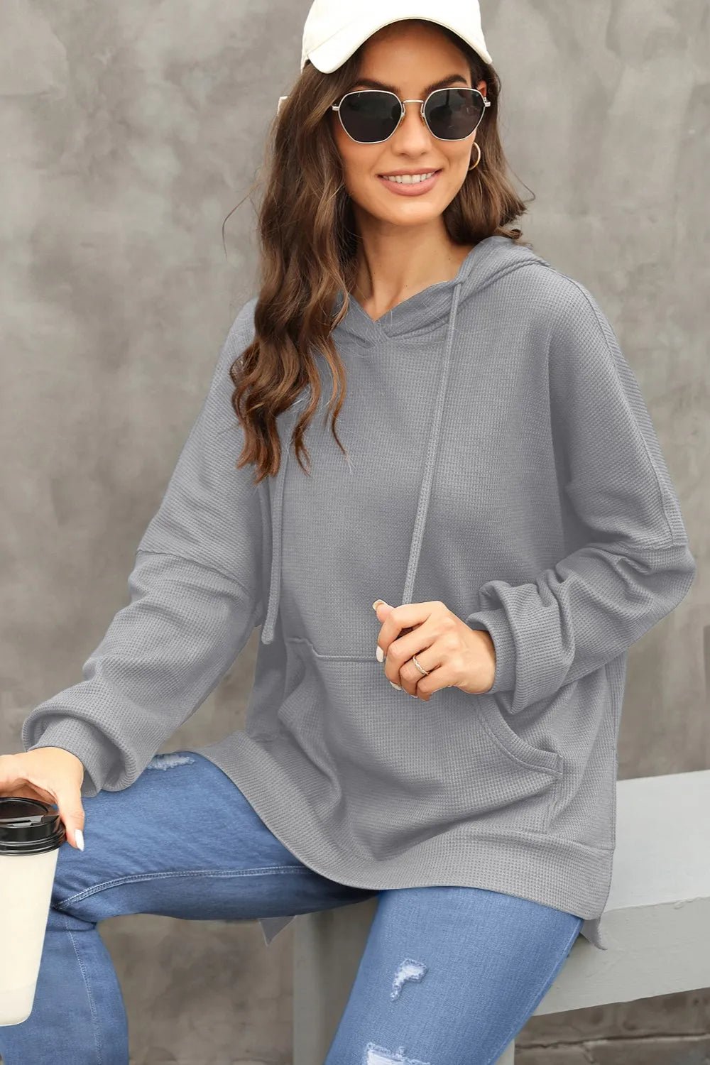 Waffle - Knit Long Sleeve Hoodie - Casual Fit Clothes