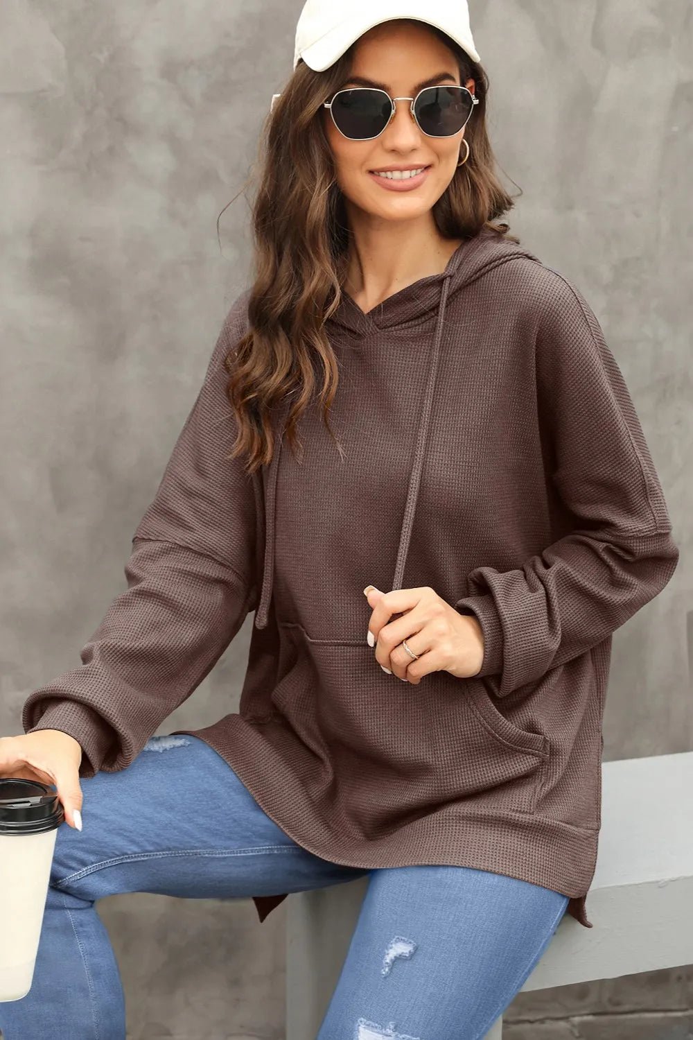 Waffle - Knit Long Sleeve Hoodie - Casual Fit Clothes