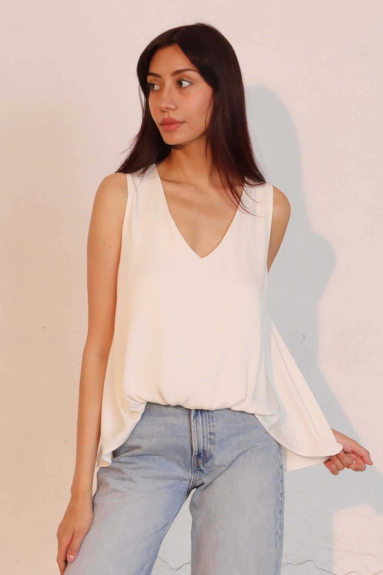 Washed Poly Silk Front Tucked Top - Casual Fit Clothes