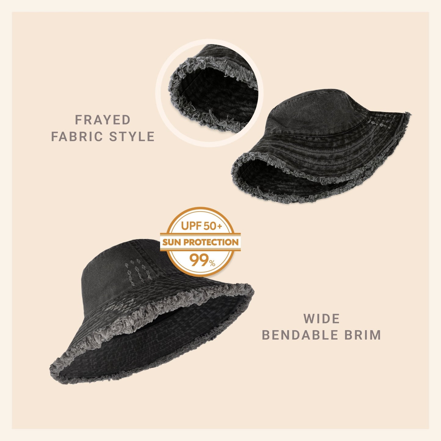 Wide Brim Frayed Bucket Hat - Casual Fit Clothes