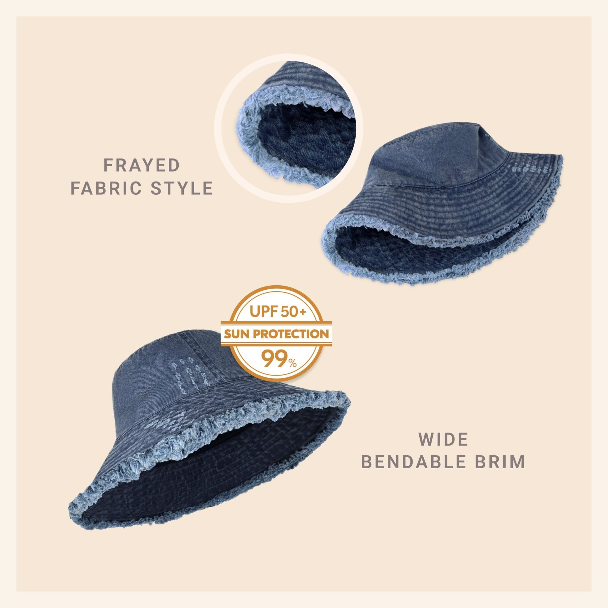 Wide Brim Frayed Bucket Hat - Casual Fit Clothes